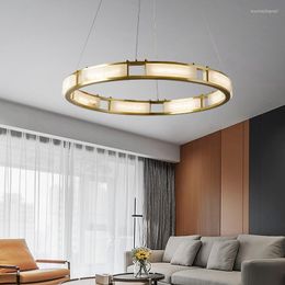Pendant Lamps Modern Light Luxury Chandelier Simple Dining Room Living Bedroom Model All Copper Natural Marble Lamp
