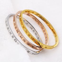 Fashion designer Bangles Titanium steel Roman digital zircon women's bracelet hollowed out rose gold couple opening bracelet