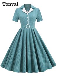 Casual Dresses Tonval Notched Neckline Button with Vintage Plain Midi Dress Elegant Women's Short Sleeve 50s Cotton turquoise Swing Dress 230407