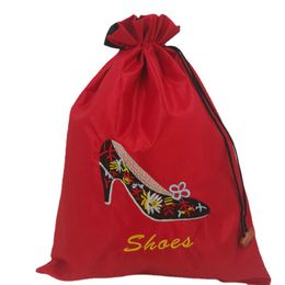 Big Embroidery High heels Shoe Pouch Bags for Travel Shoe Storage Bag Portable Chinese Silk Drawstring Women-Shoe dust-Bags with lined dh91