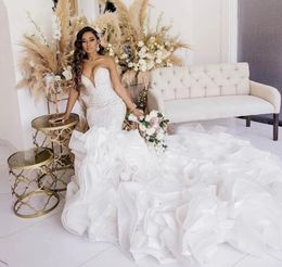 Sexy Mermaid Wedding Dress Sweetheart Ruched Long Train Lace Crystal Beaded Organza Formal Bridal Gown Custom Made Vestidos De Novia 2024