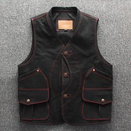 Men's Vests Real Frosted Effects Genuine Leather Cowhide Sleeveless Jackets Slim Multi Pocket Casual Waistcoat Biker Vest
