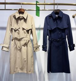 Women's Trench Coats 90% Cotton 2023 Autumn Winter Women Double Breasted Belt Long Khaki Navy Blue