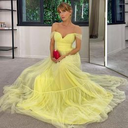 Party Dresses Thinyfull Yellow Tulle A Line Prom Pleats Off The Shoulder Evening Gowns Long Formal Special Occasion Dress