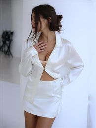 Work Dresses CHRONSTYLE 2pcs Female Suit Sets Solid Tailored Collar Long Sleeve Single Button Shirts Tops High Waist Short Mini Skirts