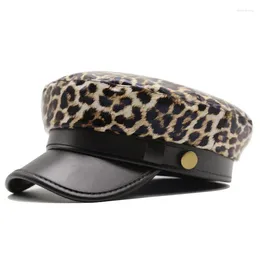 Berets Beret Leopard Hat Women's Autumn/Winter Ladies Leather Boina Feminina Gorras Bone Vintage England Black