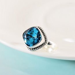 Cluster Rings Genuine/Original 925 Sterling Silver Ring For Women Square Blue Crystal Ethnic Style US Size 6-9