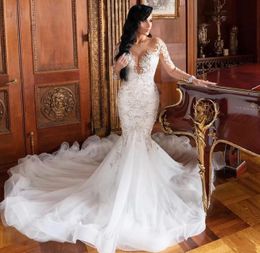 Luxurious Arabic Wedding Dress Mermaid Beading Sheer Neck Long Sleeves Crystal Bridal Gowns 2023 Vestidos De Noiva Mariee