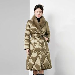 Down High-End Women's Winter New Thick And Warm Long Knee Length Diamond Checkered Waistband Glossy Fur Collar Jacket