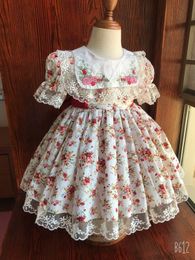 Girl's Dresses Girl Summer Red Rose Floral Embroidery Collar Turkish Spanish Vintage Lolita Ball Gown Princess Dress for Birthday Eid Holiday 230413