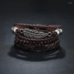 Charm Bracelets Vintage Leather Bracelet For Men Set PU Product Feather Wood Bead Pull Cord Jewelry