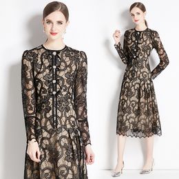 Lace Crochet Flower Black Midi Dress Long Sleeve Woman Designer O-Neck Elegant Fit Vacation Party Dresses 2023 Spring Autumn Office Lady Runway Slim A-Line Frocks