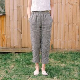 Women's Pants 2023 Cotton Linen Loose Thin Casual Summer Straight Tube Slim Plaid Leggings 0523