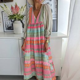 Casual Dresses Elegant pattern printed Bohemian beach dress for women's casual long sleeved loose fitting dress sexy deep V-neck pleated party dress 230407