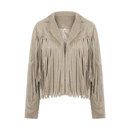 Women's Jacket's s Vintage Womens Fringed Hem Tassel Cardigan Crop Tops Y2k Motor Biker Suede Leather 90s Streetwear Coat Cool 230406