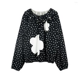 Women's Blouses Original Design Long-sleeved Round Neck Pullover T-shirt Polka Dot Flower Print Lotus Collar Shirt Women's 233993