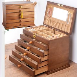 Jewellery Settings Solid Wood SixLayer Jewel Box Large Capacity With Lock Retro Eardrop Earrings Necklace Gift Carved Jewellery box 230407