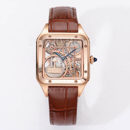 Top Stylish Quartz Watch Men Gold Silver Transparent Hollow Dial Sapphire Glass Leather Strap Wristwatch Classic Square Design Gentlemen Casual Clock 170D