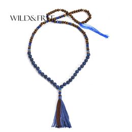 Pendant Necklaces WILD&FREE Natural Handmade Long Tassel Strand & Pendants Women Wood Beads Lapis Stone Blue Necklace Jewellery