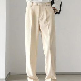 Men's Pants Gmiixder Men's Casual Pants Spring and Autumn Large Elegant Wide Leg Trousers Japan Simple Solid Beige Straight Corduroy Pants 230407