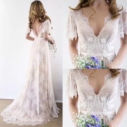 Boho Wedding Dress 2023 V Neck Short Sleeve Lace Beach Bridal Gown Backless Custom Made A-Line Bride Dresses