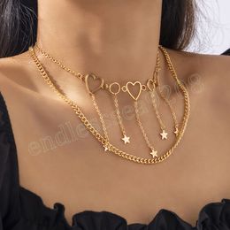Boho Star Pendant Collar Necklace Women's 2023 Multi-layer Gold Color Metal Hollow Heart Necklaces Girl Fashion Charm Jewelry