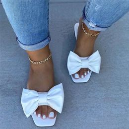 Slippers Fashion Summer Plus Size One line Solid Color Bow Flat Sandals Outdoor Beach Elegant Women Shoes 230407