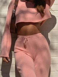 Women's Pants Women Autumn 2 Piece Sets Knitted Long Sleeve Jacket Solid Colour Crop Top Striped Fashion High Waist Pant Suit Womens 2023