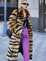Women's Fur Leopard Print Long Coat For Women 2023 Winter Thick Warm Furry Overcoat Turn Down Collar Faux Jacket Plush Outwear