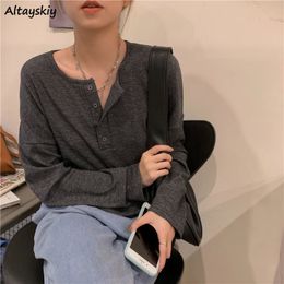 Women s T Shirt Long Sleeve T shirt Elegant Simple Pure Button Design Retro Ins Autumn Ladies Tees Top All match BF Style Mujer Clothes 230407