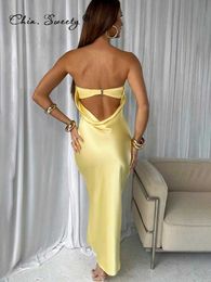 Casual Dresses Satin Backless Midi Women Dress Summer Gown Fashion Strapless Sleeveless Bodycon Long Dress 2022 Night Club Party Lady Vestidos P230407