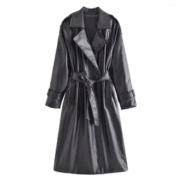 Women's Trench Coats Women Fashion With Belt Artificial Leather Coat Vintage Long Sleeve Pockets Female Outerwear Chic Overcoat