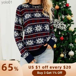 Women's Sweaters Women Christmas Thicken Sweater Snowflake Striped Print Knitted Jumper Festive Long Sle Fashion Simple Jacquard Sweater ShirtL231107
