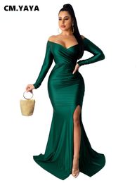 Casual Dresses CM.YAYAYA AutumnWinter Women's Shoulder Jump Rope V-Neck High Waist Split Mermaid Maxi Dress Sexy Night Party Club Long Dress 230407