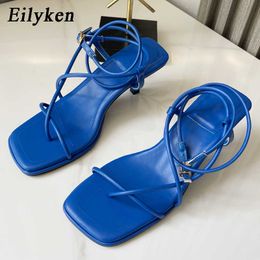 top Summer Fashion Blue Women Sandal Thin High Heel Narrow Band Gladiator Pumps Square Toe Dress Shoes 230306