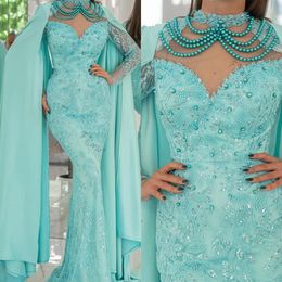 Dubai Arabia Mermaid Evening Dress Long Cape Pearls Beading Prom Gowns Women Party Vestidos De Novia