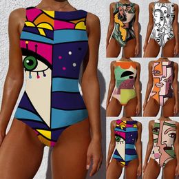 Women's Swimwear Print Straps Wide Abstract Neck One Women Backless Piece High Swimwears Tankinis Set Slimming Tops For