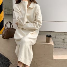 Casual Dresses Casual Thick Warm Loose Sweater Women's Autumn Winter Polo Full Sleeve Solid Long Knit Dress Vestidos De Mujer Robe Women's 230407