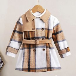 Coat Toddler Girl Doll Collar Plaid Button Design Belted Coats Winter Windproof Kids Warm Fleece Outerwear Jacket 1 5Y 231107