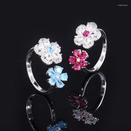 Hoop Earrings Genuine Real Jewels Tiktok S925 All Body Silver Opening Adjustable Hai Lan Hong Bao Flower Ring Main Stone 3 5 Hi