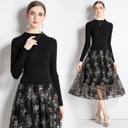 Autumn Winter Designer Black Midi Dresss Woman Long Sleeve O-Neck Knitted Patchwork Mesh Sequins Party Pleated Dresses 2023 Vacation Runway Elegant Casual Frocks