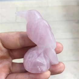 Decorative Figurines Natural Rose Crystal Stone Crow Hand Carved Animal Figurine Energy Crafts Home Decoration As Gift