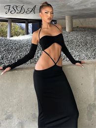 Casual Dresses FSDA Hollow Out Halter Neck Off Shoulder Maxi Bodycon Dress Women Sexy Long Sleeve Backless Party Clubwear