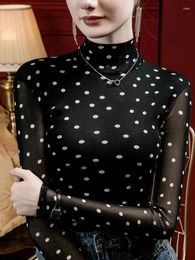 Women's T Shirts Winsleter Elegant Basic Tshirt Long Sleeve Tees Autumn Winter Women Stand Collar Polka Dot Print Slim Mesh Tops T30449JC