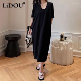 Party Dresses 2023 Summer Oversize Solid Colour Round Neck Short Sleeve Tshirt Dress Women Elegant Fashion Loose Casual Straight