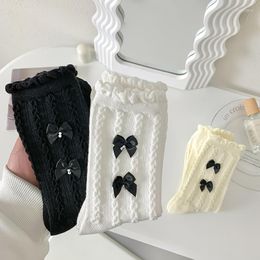 Women Socks Black Ruffle Lolita Bow Japanese JK Girls Middle Tube College Students Lace Flower Cotton Sweet Stocking