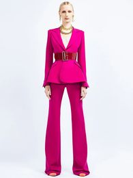 Women's Two Piece Pants HIGH STREET est 2023 S S Runway Designer Suit Set Slim Fitting Single Button Belted Blazer Flare 2pcs 231107