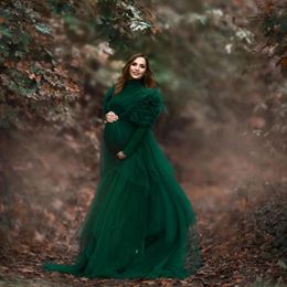 Dark hunter Green Maternity prom Dresses Photography Demure Tiered Tulle High Neck Ruffles Long Sleeves Pregnant evening Women Robes