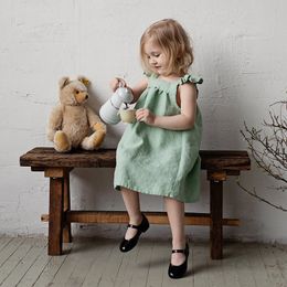 Girl s Dresses Children Girls Linen Dress Summer Literary Petal Sleeves Loose Baby Girl Strap Princess TZ04 230407