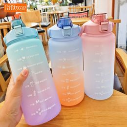 Water Bottles 2L large capacity water bottle with straw handle sticker and time mark for outdoor sports and fitness 230407